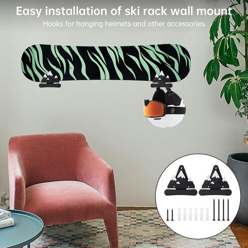 2-Pack Snowboard Wall Mount Rack with Hooks- Heavy Duty 40lbs Capacity Mountain Design Snowboard Holder, Space Saving Wall Hanger for Snowboard, Skateboard & Longboard (Black & White) in Saudi Arabia