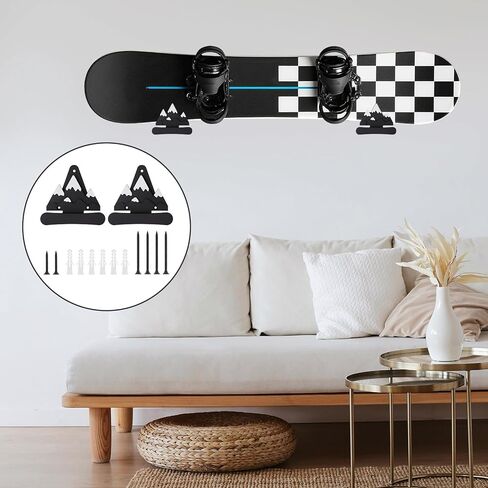 2-Pack Snowboard Wall Mount Rack with Hooks- Heavy Duty 40lbs Capacity Mountain Design Snowboard Holder, Space Saving Wall Hanger for Snowboard, Skateboard & Longboard (Black & White) in Saudi Arabia