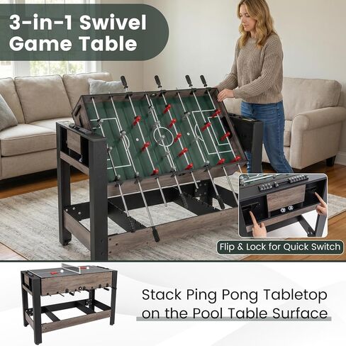 GYMAX 3 in 1 Multi Game Table, Swivel Combo Game Table with Foosball, Billiards & Table Tennis, Space-Saving Design for Family Night, Home, Game Room, Office in Saudi Arabia