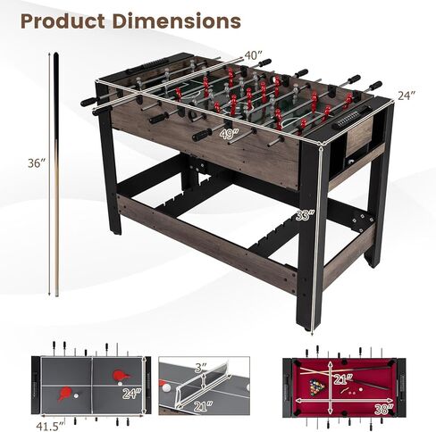 GYMAX 3 in 1 Multi Game Table, Swivel Combo Game Table with Foosball, Billiards & Table Tennis, Space-Saving Design for Family Night, Home, Game Room, Office in Saudi Arabia