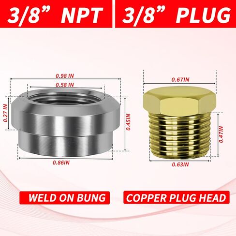 Aluminum 3/8 NPT Female Weld,On Bung Weldable Fitting,Send 2 copper plugs,Threaded Stepped Weldable Fuel Tank Fitting,3/8" NPT Plug Male Hex Head Fitting Adapter copper,Pack of 4 in Kuwait