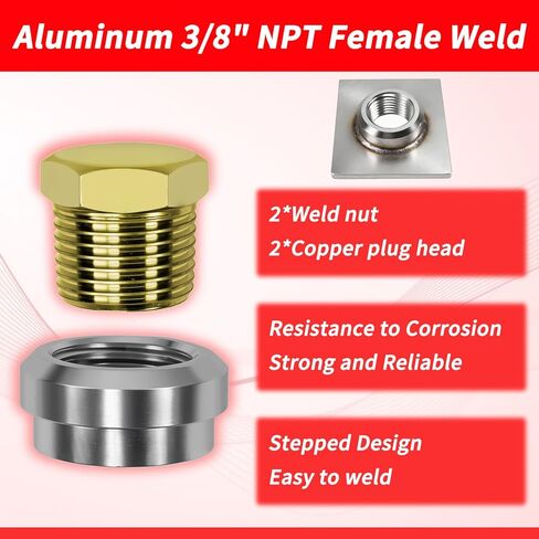 Aluminum 3/8 NPT Female Weld,On Bung Weldable Fitting,Send 2 copper plugs,Threaded Stepped Weldable Fuel Tank Fitting,3/8" NPT Plug Male Hex Head Fitting Adapter copper,Pack of 4 in Kuwait