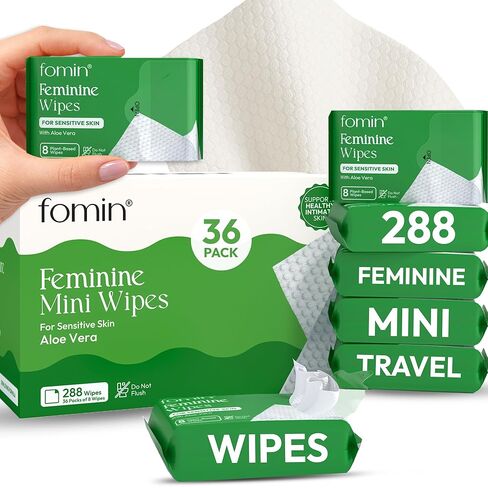 FOMIN Feminine Wipes for Women - 9 Pack - Aloe Vera Intimate Cleansing Wipes - Wipes for Sensitive Skin - Individual Packets - Travel Essentials and Gift for Women & Teens in Kuwait