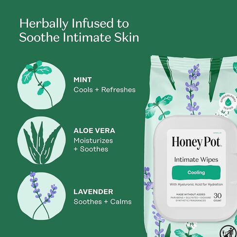 Honey Pot - Feminine Wipes - Daily PH Balancing, Fragrance & Sulfate Free Wipes for Intimate Parts, Body, or Face - Hygiene Products - Cooling 30 ct in Kuwait