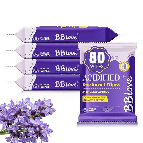 مناديل مبللة للجسم محمضة - تحكم في الرائحة لمدة 24 ساعة، درجة حموضة متوازنة لمنطقة تحت الإبطين والجسم بالكامل، تركيبة خالية من الألومنيوم ومحببة للبشرة، 80 منديلًا in Kuwait