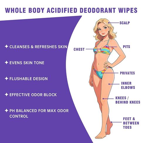 مناديل مبللة للجسم محمضة - تحكم في الرائحة لمدة 24 ساعة، درجة حموضة متوازنة لمنطقة تحت الإبطين والجسم بالكامل، تركيبة خالية من الألومنيوم ومحببة للبشرة، 80 منديلًا in Kuwait