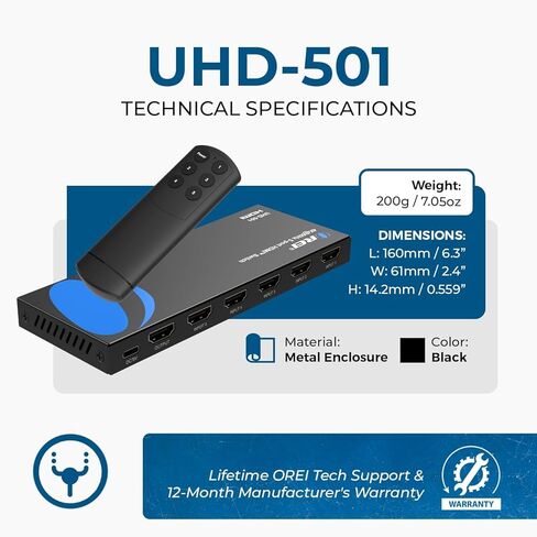 OREI 4K HDMI Switch 5 in 1 Out – HDMI Switch with Remote 4K@60hz with HDR, Dolby, DTS & 3D - 18Gbps Switcher - for PS5/4, Xbox, Roku, Fire TV in Saudi Arabia