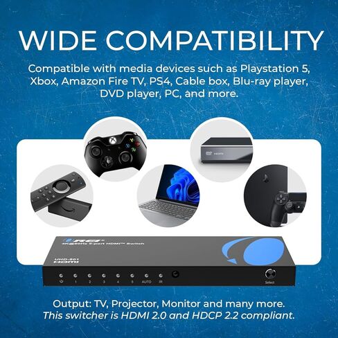 OREI 4K HDMI Switch 5 in 1 Out – HDMI Switch with Remote 4K@60hz with HDR, Dolby, DTS & 3D - 18Gbps Switcher - for PS5/4, Xbox, Roku, Fire TV in Saudi Arabia