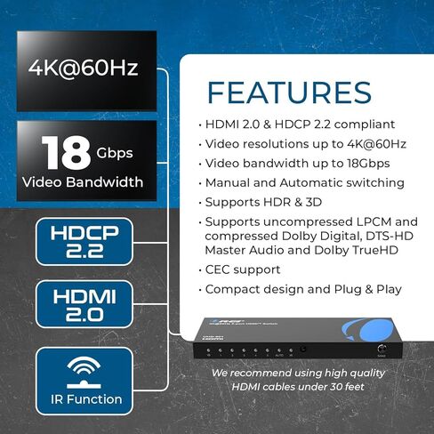 OREI 4K HDMI Switch 5 in 1 Out – HDMI Switch with Remote 4K@60hz with HDR, Dolby, DTS & 3D - 18Gbps Switcher - for PS5/4, Xbox, Roku, Fire TV in Saudi Arabia