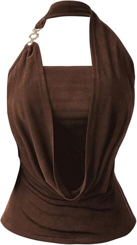 OYOANGLE Women's Plus Size Ring Linked Halter Top Draped Front Ruched Sleeveless Going Out Tops in Kuwait