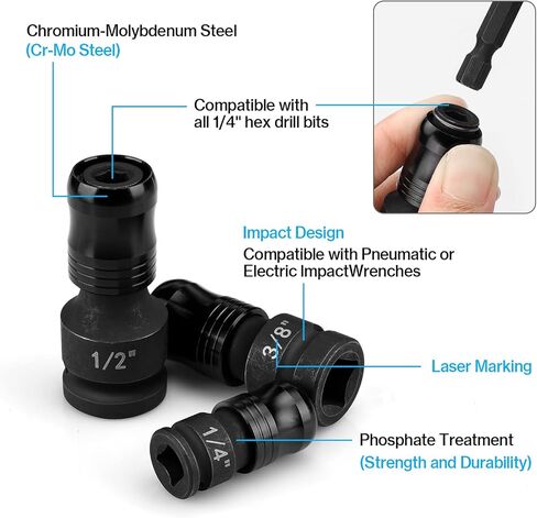 6 Piece Impact Socket Adapter and Reducer Set, 1/2" 3/8" 1/4" to 1/4" Drive Conversion Kit - 3 Adapters & 3 Extension Bars, Heat-Treated Cr-Mo Steel, for Impact Wrench, Ratchet & Power Drill in Kuwait