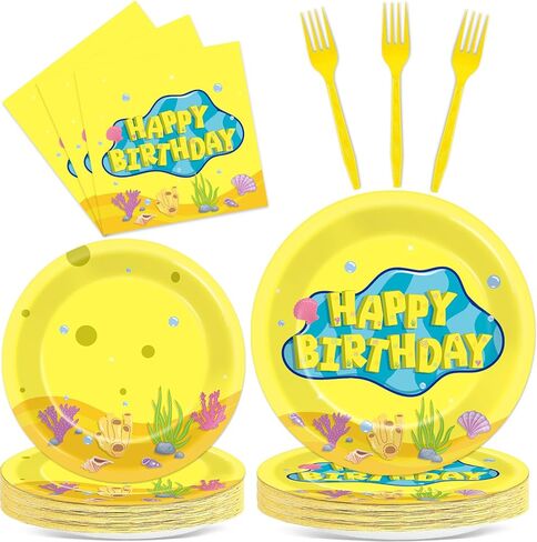 96Pcs Yellow Cartoon Paper Plates and Napkins Yellow Theme Birthday Party Supplies Ocean Disposable Dinnerware Tableware Set for Kid Undersea Happy Birthday Baby Shower Table Party Decoration Serve 24 in Kuwait