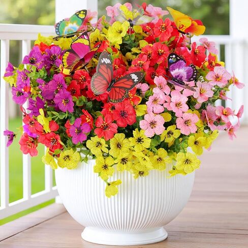 20 Bundles Artificial Flowers for Outdoors with 6 Faux Butterflies, UV Resistant Artificial Outdoor Plants Eucalyptus Silk Violet, Fake Flowers for Patio Garden Porch Home Decor (Orange Yellow) in Saudi Arabia
