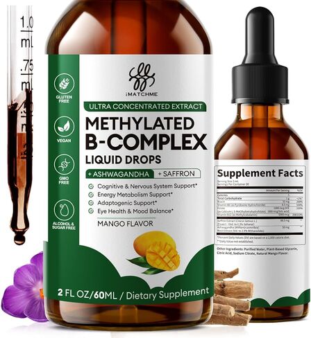 iMATCHME Methylated B Complex Liquid Drops - Max Absorption L-Methylfolate (L-5-MTHF), Vitamin B12 Methylcobalamin, B6 - with Ashwagandha & Saffron for Energy, Focus & Brain Health - Vegan, 2 Fl Oz in Kuwait