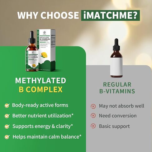 iMATCHME Methylated B Complex Liquid Drops - Max Absorption L-Methylfolate (L-5-MTHF), Vitamin B12 Methylcobalamin, B6 - with Ashwagandha & Saffron for Energy, Focus & Brain Health - Vegan, 2 Fl Oz in Kuwait