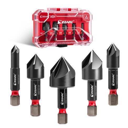 EZARC Countersink Drill Bit Set for Hard Metal, Titanium Aluminum Nitride Coated Counter Sink Drill Bit with 1/4" Hex Shank, 82 Degree 5 Flutes Design, 1/4" 3/8" 1/2" 5/8" 3/4", 5PCS with Storage Box in Saudi Arabia