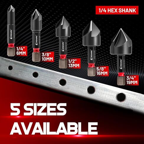 EZARC Countersink Drill Bit Set for Hard Metal, Titanium Aluminum Nitride Coated Counter Sink Drill Bit with 1/4" Hex Shank, 82 Degree 5 Flutes Design, 1/4" 3/8" 1/2" 5/8" 3/4", 5PCS with Storage Box in Saudi Arabia