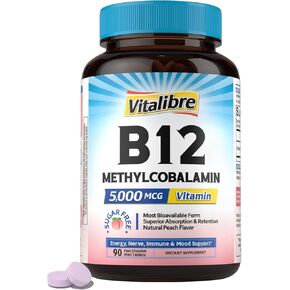 Vitamin B12 Sublingual 5000 mcg, Methylcobalamin, Bioactive Form, High Absorption, Vegan, Nerve, Energy, Immune, Mood Support, Natural Peach Flavor, 90 Fast Dissolve Mini Tablets, No Sugar in Kuwait