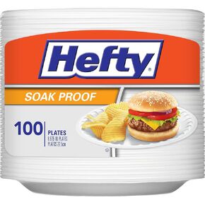 Hefty Everyday Soak Proof Disposable Foam Plates, 8.9 Inches, 100 Count, Disposable White Plates for Lunch, Salads, and Appetizers, Great for Everyday Use, Easy Cleanup in Kuwait