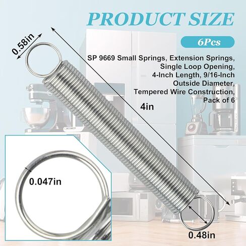 9669 Small Springs, Extension Springs, Single Loop Opening, 4-Inch Length, 9/16-Inch Outside Diameter, Tempered Wire Construction, Pack of 6 in Kuwait