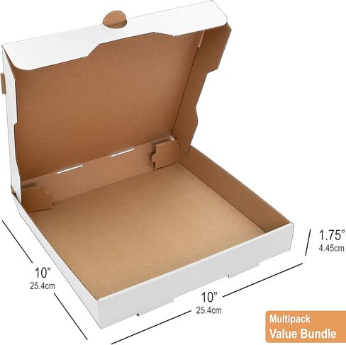 ألواح + علب بيتزا 10 × 10 × 1.75 بوصة (10 عبوات) | علب بيتزا من الورق المقوى الأبيض المموج | حافظ على البيتزا والمخبوزات ساخنة ومشبعة بالبخار in Kuwait