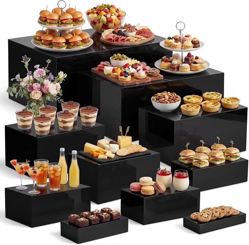 Leinuosen 10 Pcs Extra Large Acrylic Buffet Risers for Food Display Stands Box, Rectangle Catering Dessert Table Risers Decorative 7 to 16 Inch, Hollow Bottom for Weeding Brunch Party Supplies(Black) in Saudi Arabia