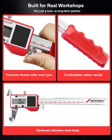 GODESON Solar Powered Digital Caliper, 6“ Digital Calipers with 0.001" Accuracy Stainless Steel, 3 Units Inch/mm/Fraction, 5 Modes Including Differential, for DIY Woodworking Metalworking 3D Printing in Saudi Arabia