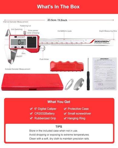 GODESON Solar Powered Digital Caliper, 6“ Digital Calipers with 0.001" Accuracy Stainless Steel, 3 Units Inch/mm/Fraction, 5 Modes Including Differential, for DIY Woodworking Metalworking 3D Printing in Saudi Arabia