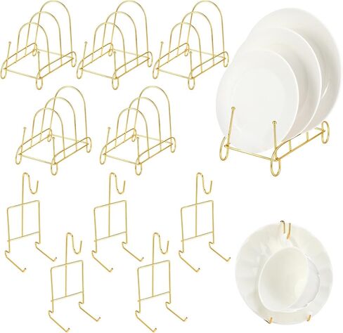 12 Pcs Plate Stands and Cup Holder, 3-Tier Plate Stand for Display and Cup and Saucer Display Stand Holder Metal Gold Dish Rack Cabinet Organizer for Decorative Plates Tea Cups Coffee Mug in Kuwait