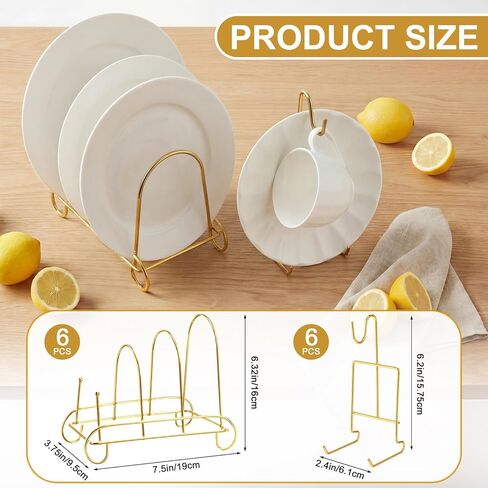 12 Pcs Plate Stands and Cup Holder, 3-Tier Plate Stand for Display and Cup and Saucer Display Stand Holder Metal Gold Dish Rack Cabinet Organizer for Decorative Plates Tea Cups Coffee Mug in Kuwait