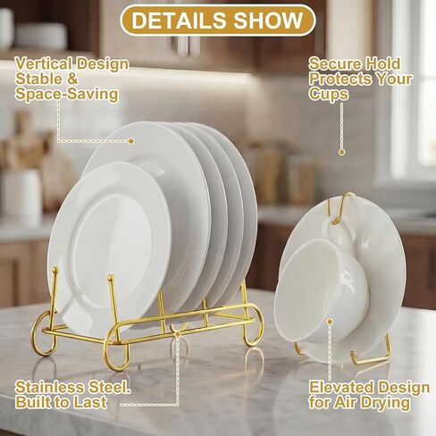 12 Pcs Plate Stands and Cup Holder, 3-Tier Plate Stand for Display and Cup and Saucer Display Stand Holder Metal Gold Dish Rack Cabinet Organizer for Decorative Plates Tea Cups Coffee Mug in Kuwait