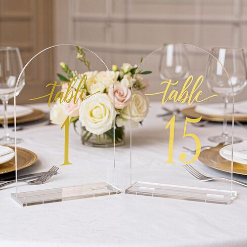 أرقام طاولة الزفاف المقوسة 1-15 مع حوامل، علامات أرقام طاولة أكريليك شفافة مقاس 5.5 × 7 بوصة بأرقام ذهبية، حاملات أرقام طاولة أنيقة لحفلات الزفاف والذكرى السنوية والحفلات والمناسبات in Kuwait