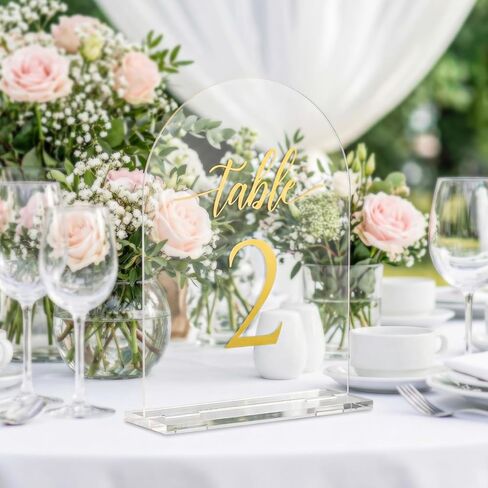 أرقام طاولة الزفاف المقوسة 1-15 مع حوامل، علامات أرقام طاولة أكريليك شفافة مقاس 5.5 × 7 بوصة بأرقام ذهبية، حاملات أرقام طاولة أنيقة لحفلات الزفاف والذكرى السنوية والحفلات والمناسبات in Kuwait