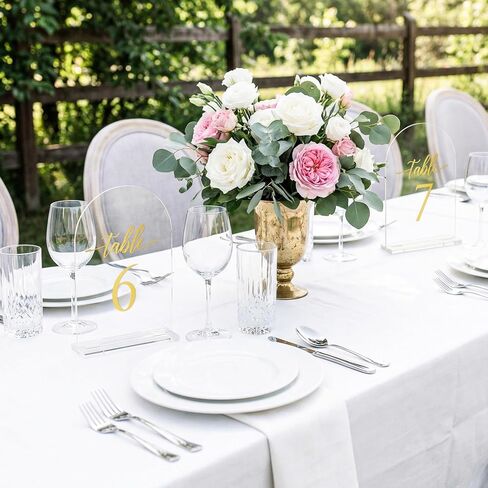 أرقام طاولة الزفاف المقوسة 1-15 مع حوامل، علامات أرقام طاولة أكريليك شفافة مقاس 5.5 × 7 بوصة بأرقام ذهبية، حاملات أرقام طاولة أنيقة لحفلات الزفاف والذكرى السنوية والحفلات والمناسبات in Kuwait