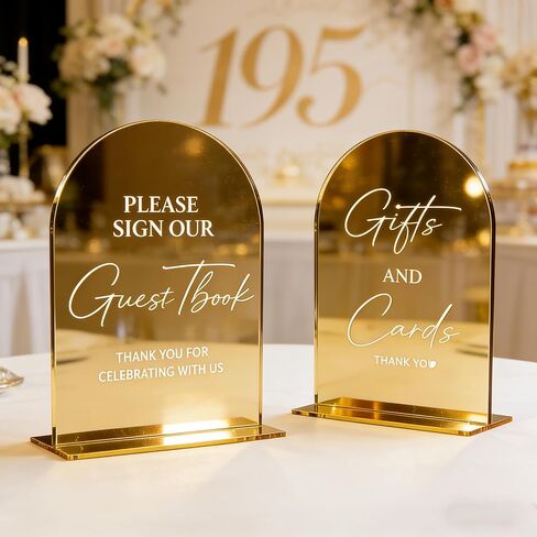 Acrylic Signs with Stand, 5x7 inch Black Arched Wedding Table Signs and Base, 1/8" Thick Arch TableTop for Wedding Reception & Event Party Table (Gold mirror, Cards and Gifts Sign and Guest Book Sign) in Kuwait
