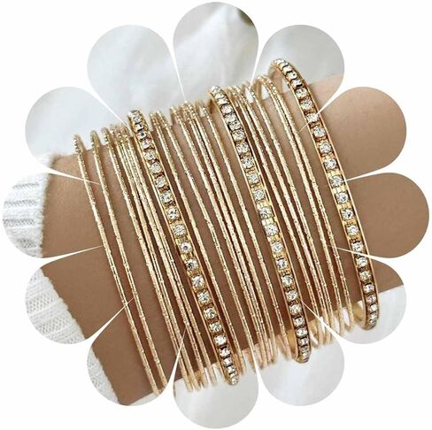 Gold Bangle Bracelet Set Thin Circle Bangle Collection Indian Bollywood Diamond Bangles Metal Texture Rhinestone Tennis Bracelet Wedding Outfit Jewelry for Women (22 Pcs) in Saudi Arabia
