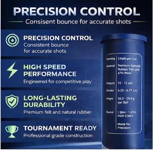 كرات Pro Padel - كرات احترافية بجودة البطولات، أنبوب واحد (3 كرات)، 47% صوف، مضغوطة لتحقيق أقصى قدر من المتانة، لجميع الملاعب. in Kuwait