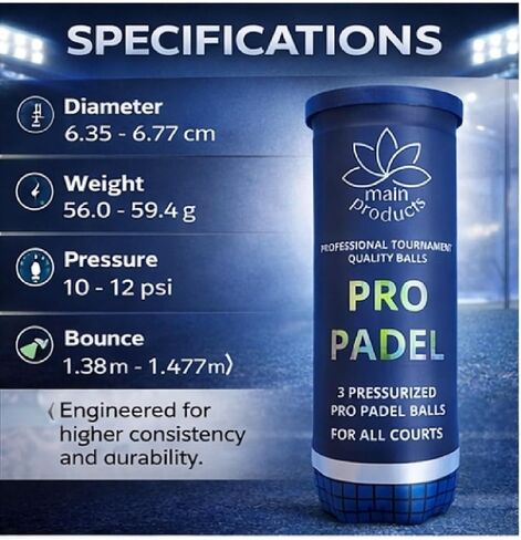 كرات Pro Padel - كرات احترافية بجودة البطولات، أنبوب واحد (3 كرات)، 47% صوف، مضغوطة لتحقيق أقصى قدر من المتانة، لجميع الملاعب. in Kuwait