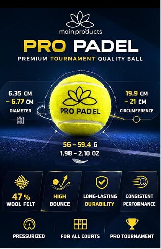 كرات Pro Padel - كرات احترافية بجودة البطولات، أنبوب واحد (3 كرات)، 47% صوف، مضغوطة لتحقيق أقصى قدر من المتانة، لجميع الملاعب. in Kuwait