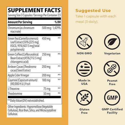 التمثيل الغذائي - دعم التحكم في الوزن ومكمل تعزيز الطاقة - مثبط الشهية الطبيعي - يكبح الرغبة الشديدة - الشاي الأخضر وحبوب القهوة والكروم والكاكاو والثيوبرومين - 140 كبسولة in Kuwait