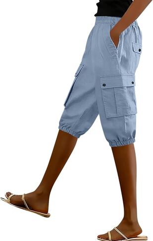 Womens Bermuda Shorts Casual Elastic Solid Summer Shorts Loose Straight Leg Cotton Capri Pants with Pockets in Saudi Arabia