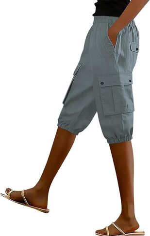 Womens Bermuda Shorts Casual Elastic Solid Summer Shorts Loose Straight Leg Cotton Capri Pants with Pockets in Saudi Arabia