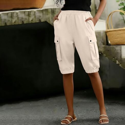 Womens Bermuda Shorts Casual Elastic Solid Summer Shorts Loose Straight Leg Cotton Capri Pants with Pockets in Saudi Arabia