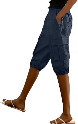Womens Bermuda Shorts Casual Elastic Solid Summer Shorts Loose Straight Leg Cotton Capri Pants with Pockets in Saudi Arabia