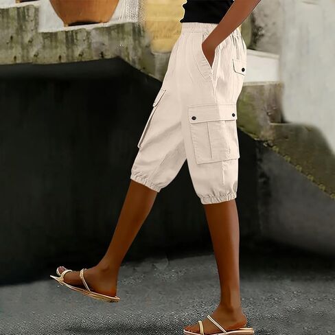 Womens Bermuda Shorts Casual Elastic Solid Summer Shorts Loose Straight Leg Cotton Capri Pants with Pockets in Saudi Arabia