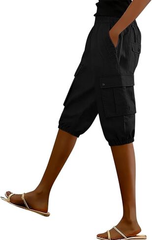 Womens Bermuda Shorts Casual Elastic Solid Summer Shorts Loose Straight Leg Cotton Capri Pants with Pockets in Saudi Arabia