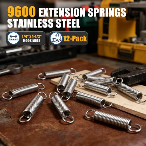 9600 Extension Springs Stainless Steel, 1/4" x 1-1/2" Hook Ends, 12-Pack - Heavy Duty Single Loop Opening Mechanical Tension Springs for Gate Latch, Garage Door, Small Repairs in Kuwait