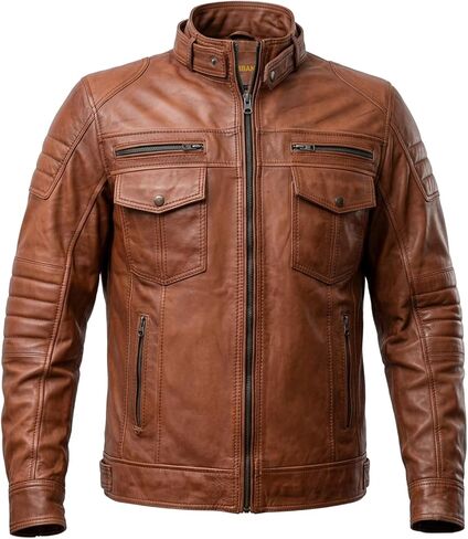 Men Cafe Racer Motorcycle Style Solid Color Leather Jacket | Mens Slim Fit Motorcycle Brown Leather Jacket in Kuwait
