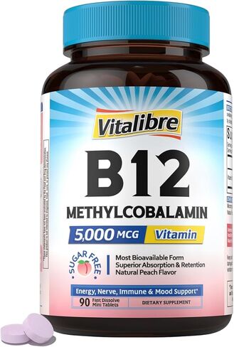 Vitamin B12 Sublingual 5000 mcg, Methylcobalamin, Bioactive Form, High Absorption, Vegan, Nerve, Energy, Immune, Mood Support, Natural Peach Flavor, 90 Fast Dissolve Mini Tablets, No Sugar in Kuwait