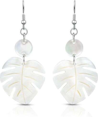 AeraVida Enchanting Nature Summer Leaf White Kabibe Shell Dangle Earrings | Boho Style Sterling Silver Dangle Earring for Women | Jewelry Gift in Saudi Arabia